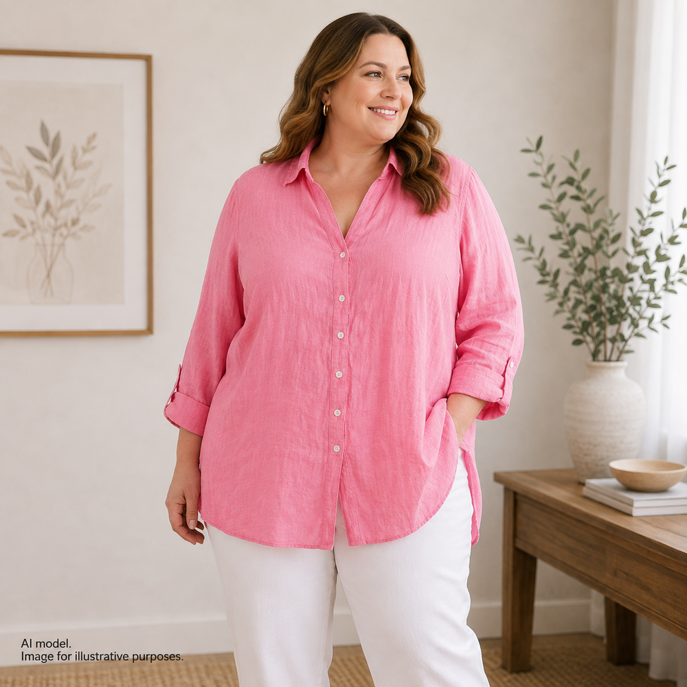 Sigrid Olsen Tunic Shirt Womens 3X Pink All Linen Button Front Roll Tab Sleeve